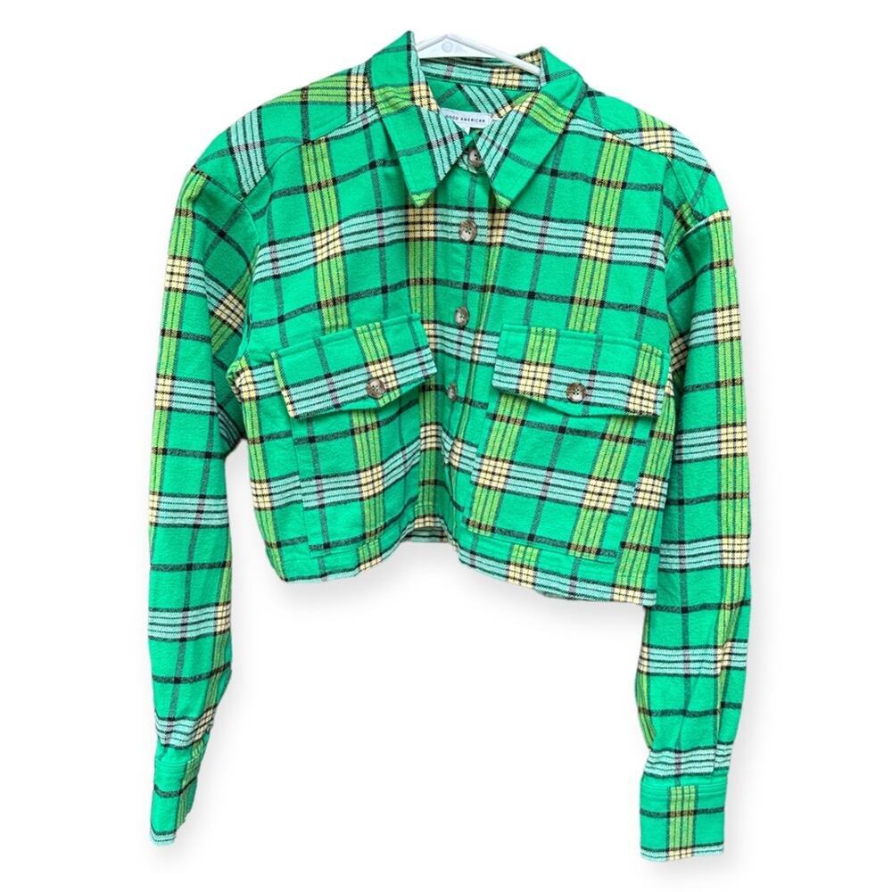 NWT Good American Women's Flannel Cropped Plaid Shirt Green & Black Size 0 XS
